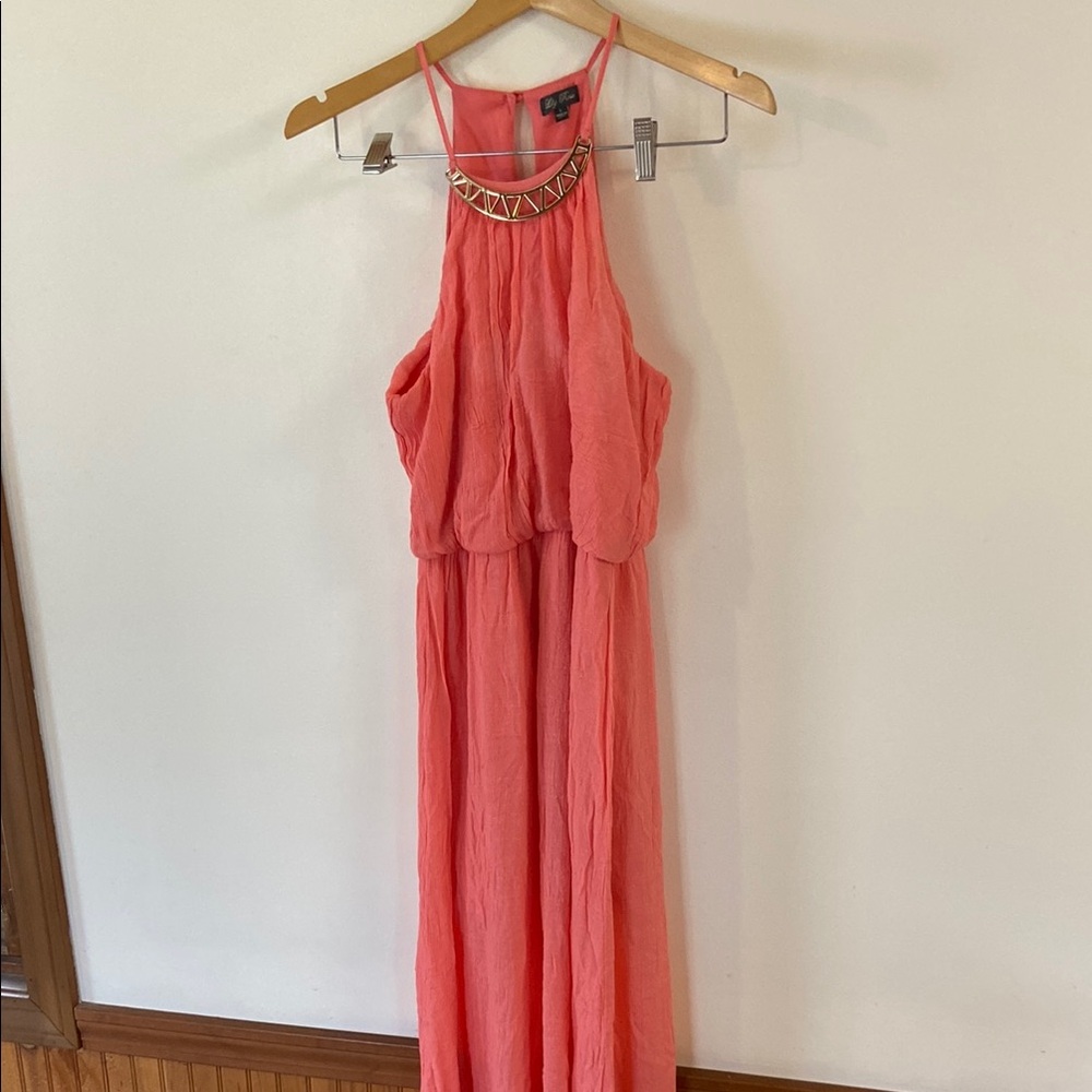 Lily Rose Coral Pink Gauzy Halter Maxi Dress with Gold Tone Accent Size L